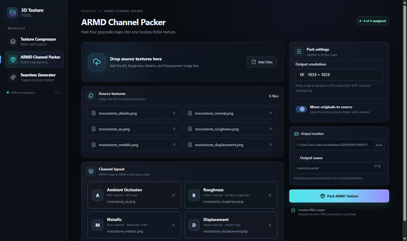 ARMD Channel Packer showing six synthetic source textures and ambient occlusion, roughness, metallic, and displacement assigned to their RGBA slots