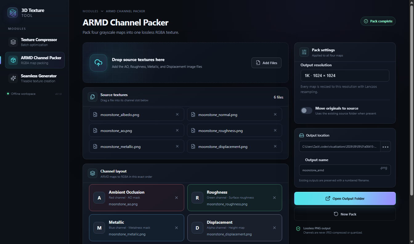 ARMD Channel Packer in its completed state with all four synthetic material maps assigned and output folder actions available