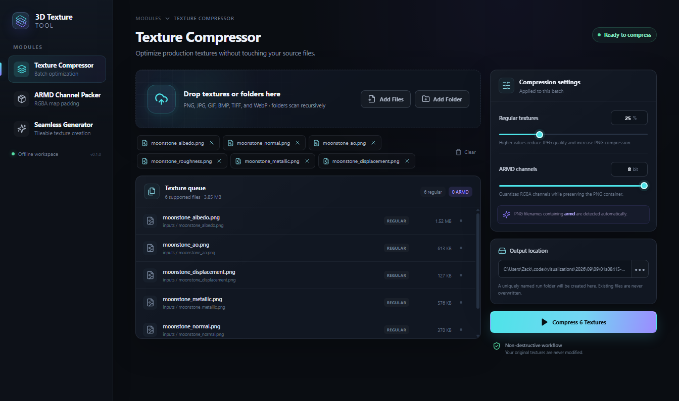 Texture Compressor ready to process six synthetic moonstone material maps with the file queue, compression controls, and output location visible