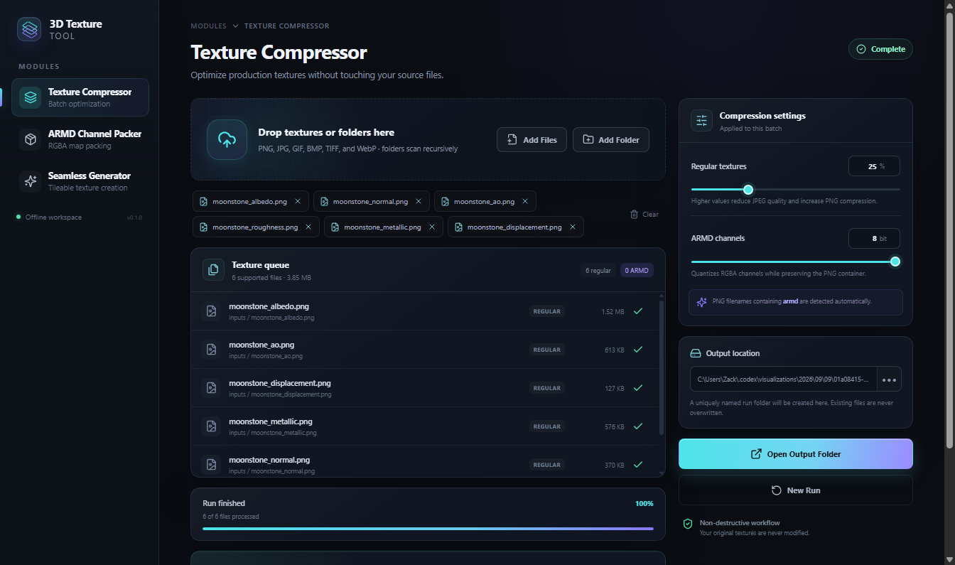 Texture Compressor after completing six synthetic texture files with successful row states, a full progress bar, and output actions