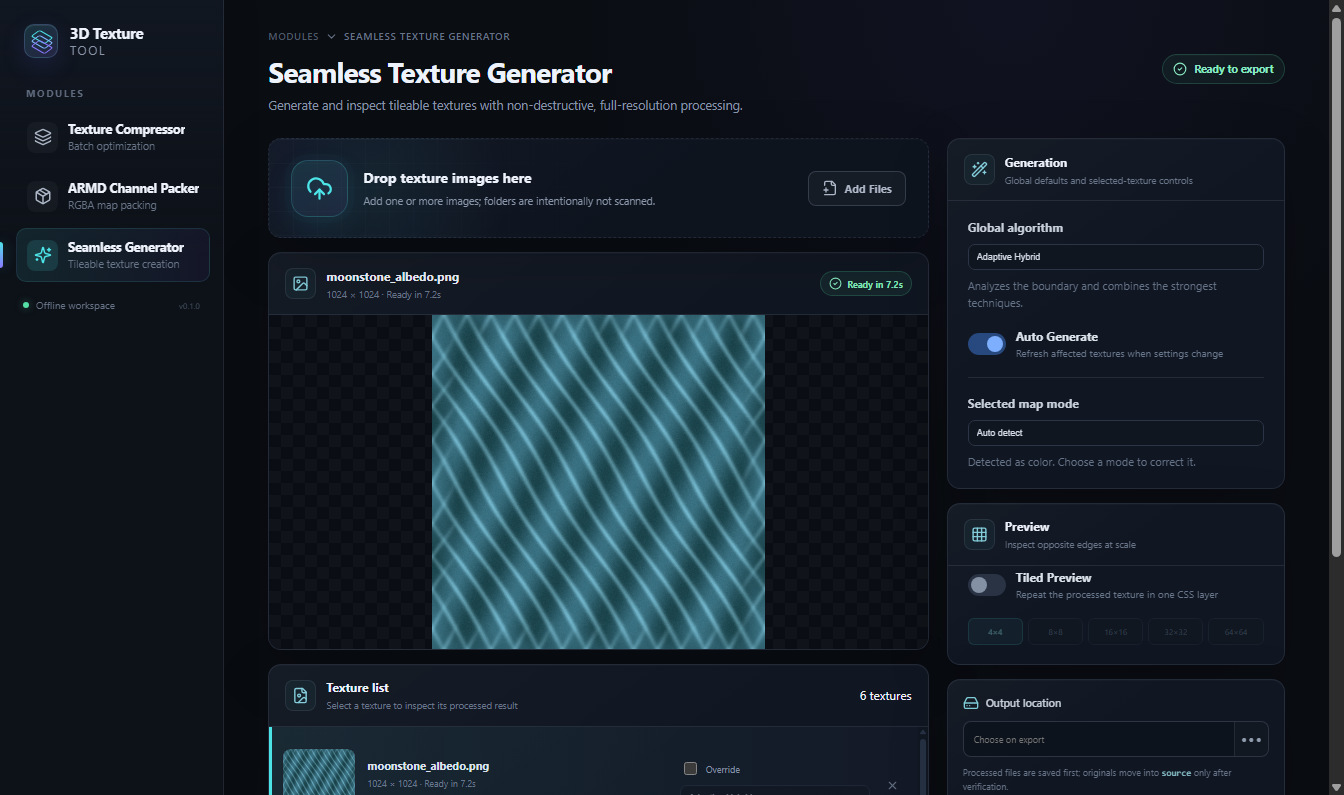 Seamless Generator showing a processed synthetic moonstone albedo at full preview size with six textures loaded and Adaptive Hybrid generation complete