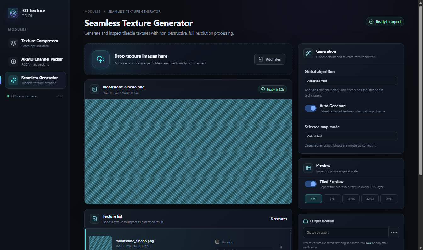 3D Texture Tool Seamless Generator showing a synthetic moonstone texture repeated in a four by four preview with Adaptive Hybrid generation ready to export