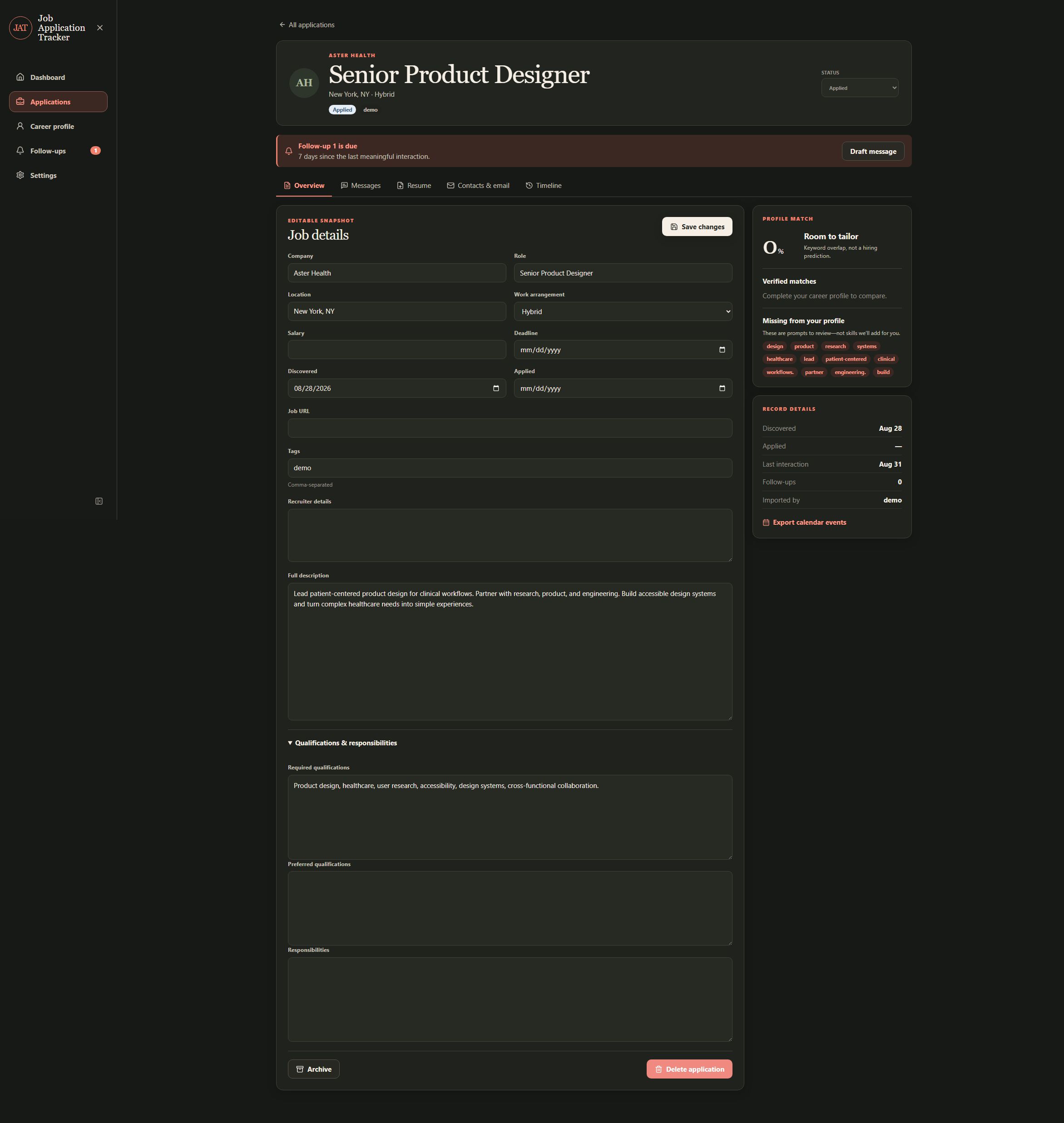 Application detail view showing a fictional job overview, profile match panel, facts, and application timeline controls