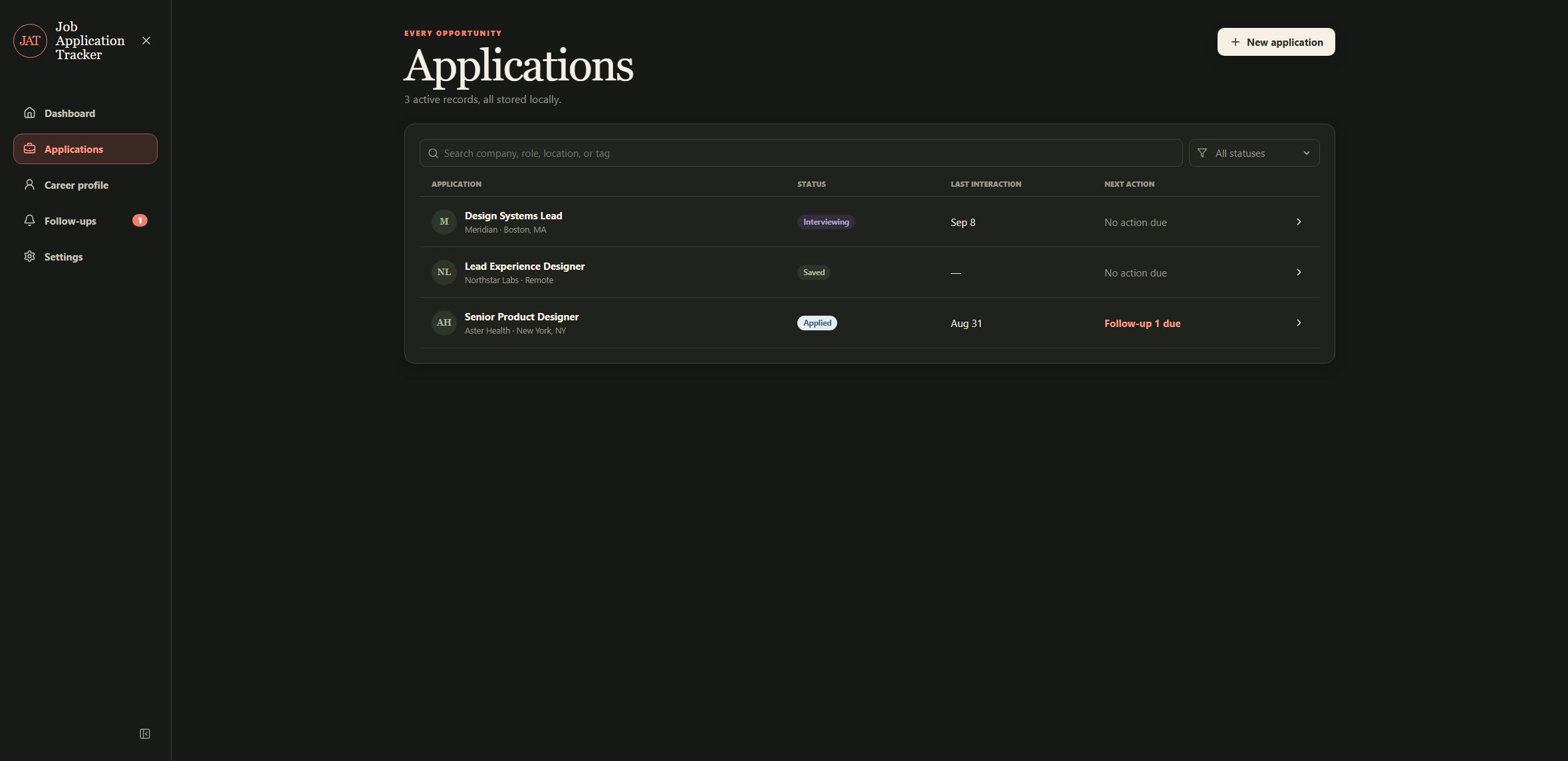 Applications list showing fictional roles with status, location, tags, last interaction, and next action columns