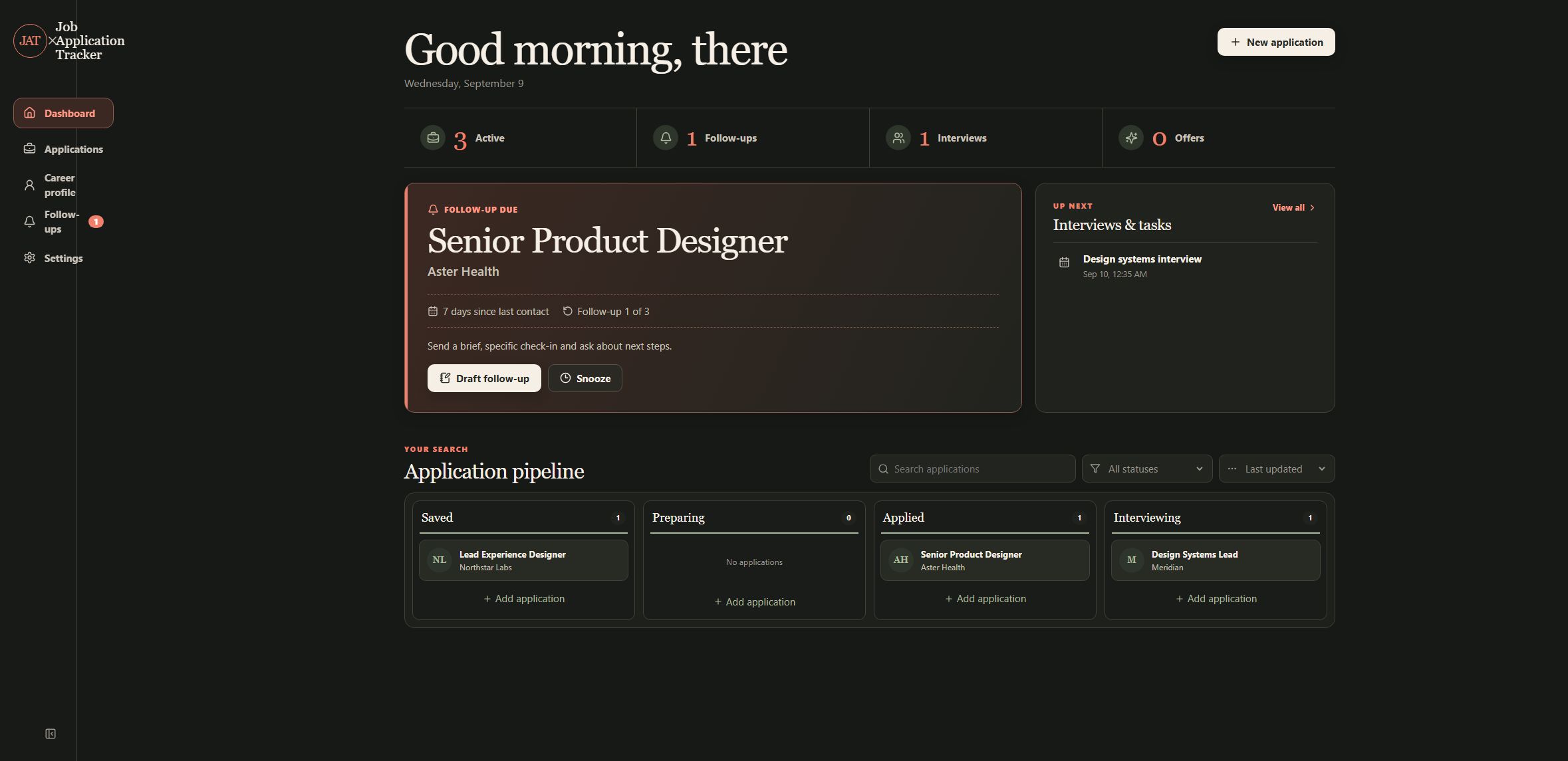 Job Application Tracker dashboard showing application metrics, a due follow-up, upcoming work, and a status pipeline populated with fictional records