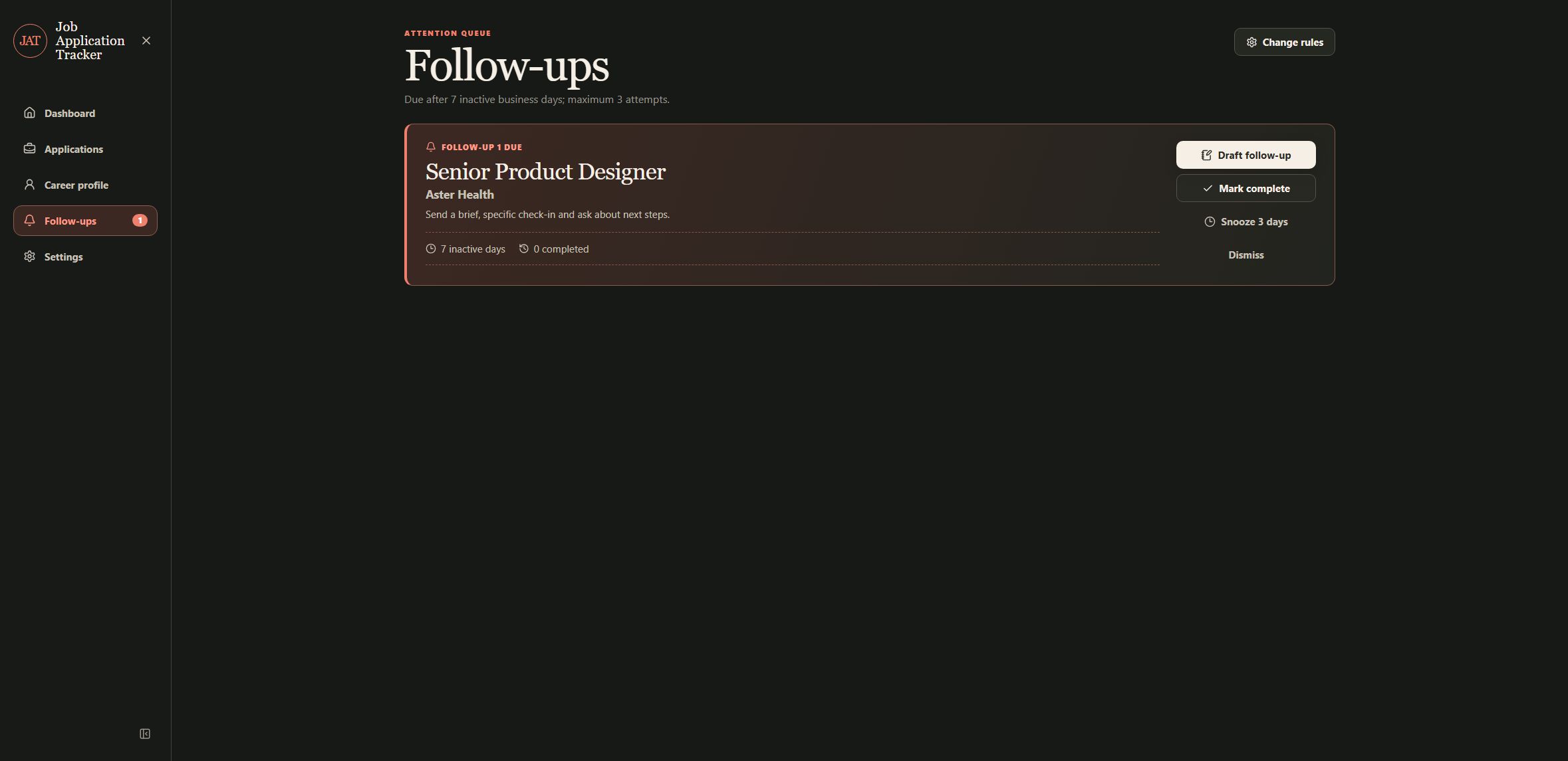 Follow-ups queue showing due and upcoming fictional follow-up records with attempt counts and status actions