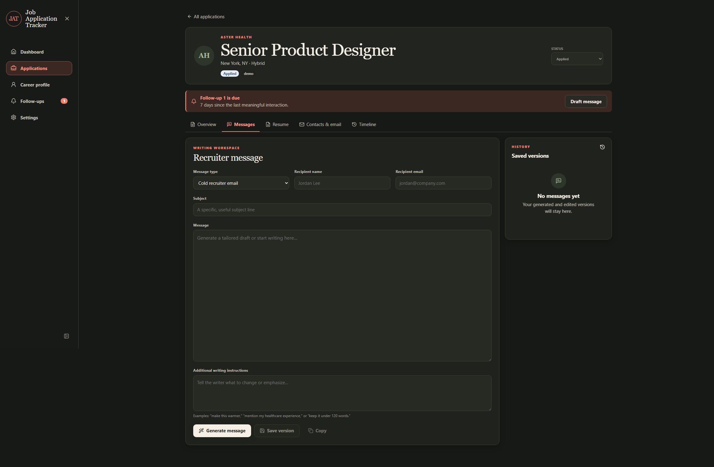 Messages workspace showing message type tabs, recipient and instruction fields, and a reviewable draft area