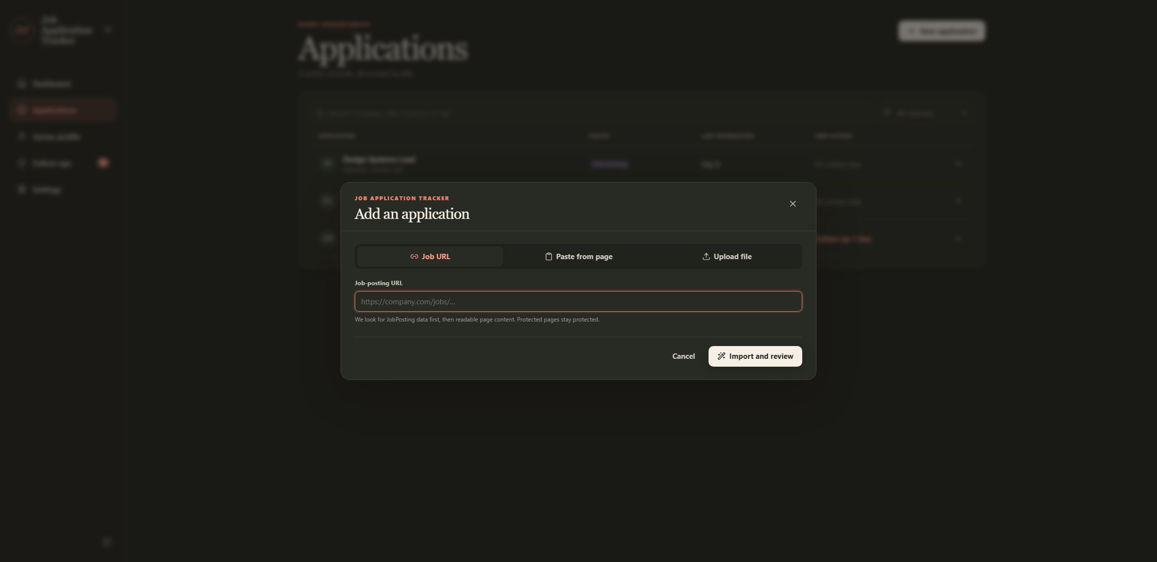 New application dialog showing URL, paste, and upload capture modes in the Job Application Tracker