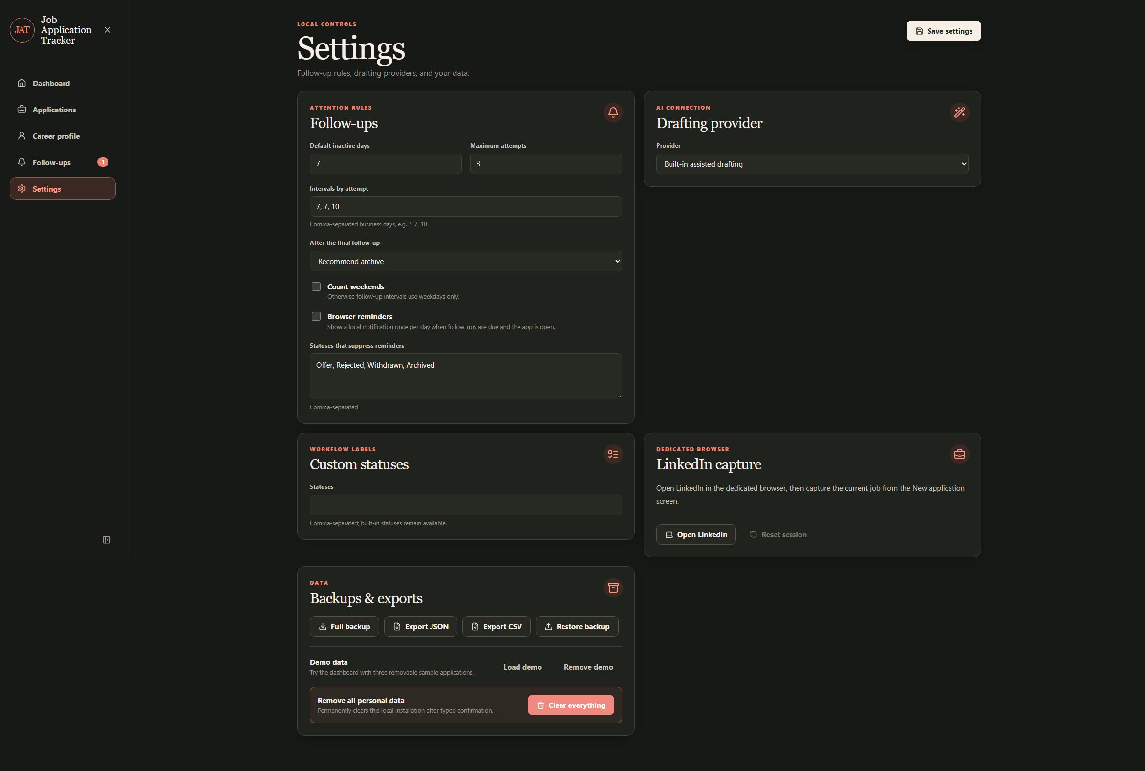 Settings page showing follow-up rules, drafting provider controls, LinkedIn capture controls, and backup and export actions