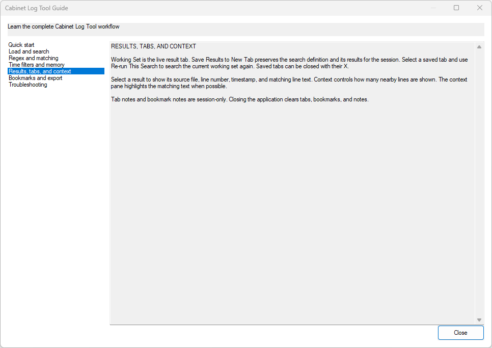 Built-in Log Search Tool Guide showing workflow topics and instructions for results, tabs, and context