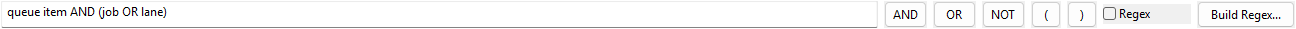 Log Search Tool query bar containing a Boolean search with AND, OR, NOT, grouping, regex, and Regex Builder controls
