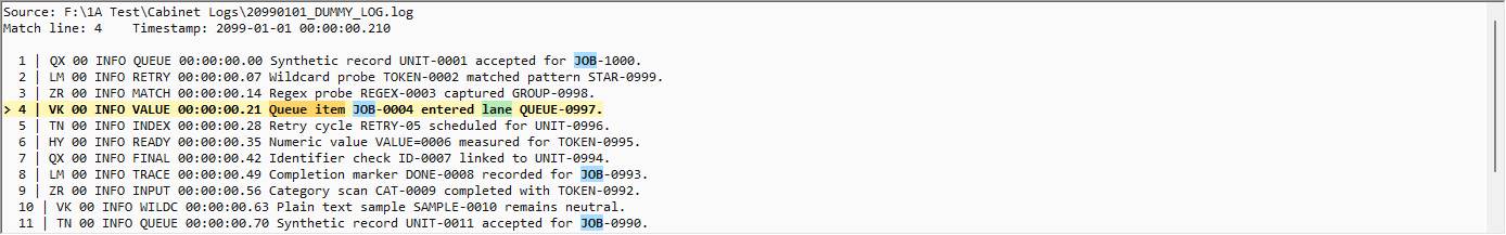 Context pane showing the selected log entry highlighted among the lines immediately before and after it