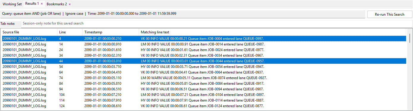 Saved result and bookmark tabs showing a query summary, tab note, rerun control, and matching log entries
