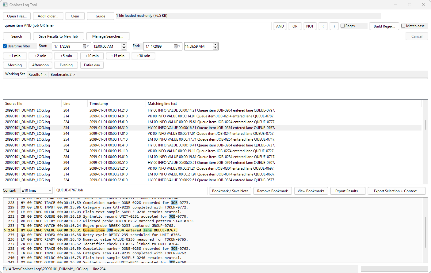 Log Search Tool main window showing a Boolean query, a time filter, result tabs, matching lines, and surrounding context