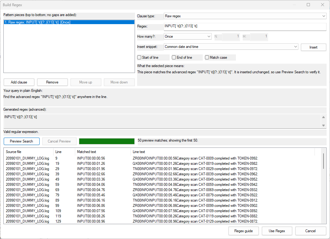 Regex Builder showing guided pattern pieces, a plain-language summary, validation, and preview matches from loaded logs