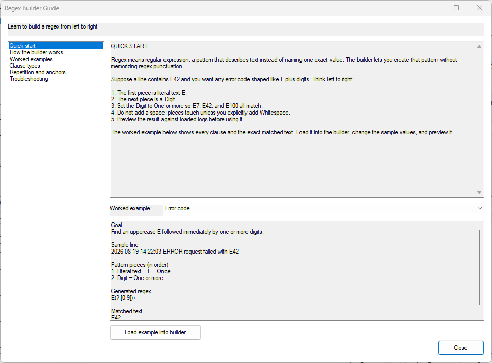 Regex Builder Guide showing navigation topics and a worked example that can be loaded into the builder