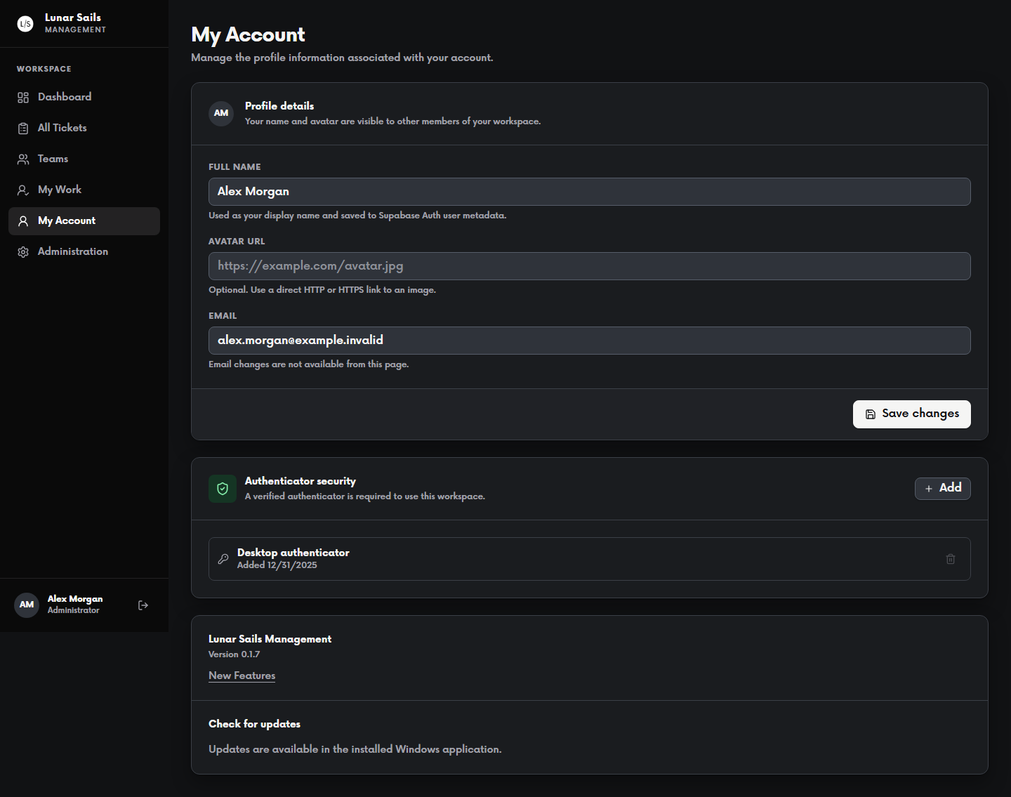 Lunar Sails My Account page showing profile details, authenticator security, a desktop authenticator, and Windows update information