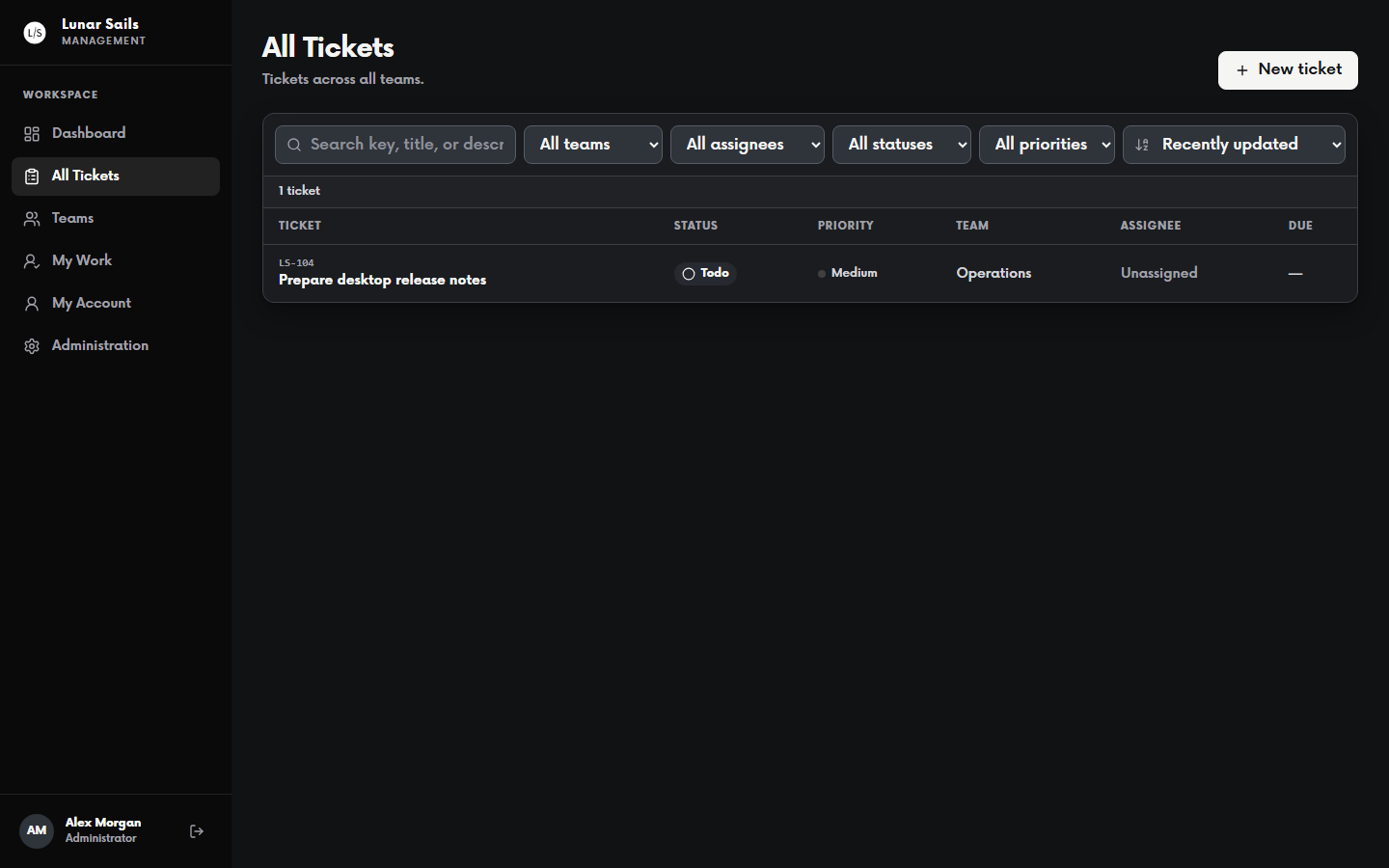 Lunar Sails All Tickets view showing search and filter controls with one ticket listed by status, priority, team, assignee, and due date