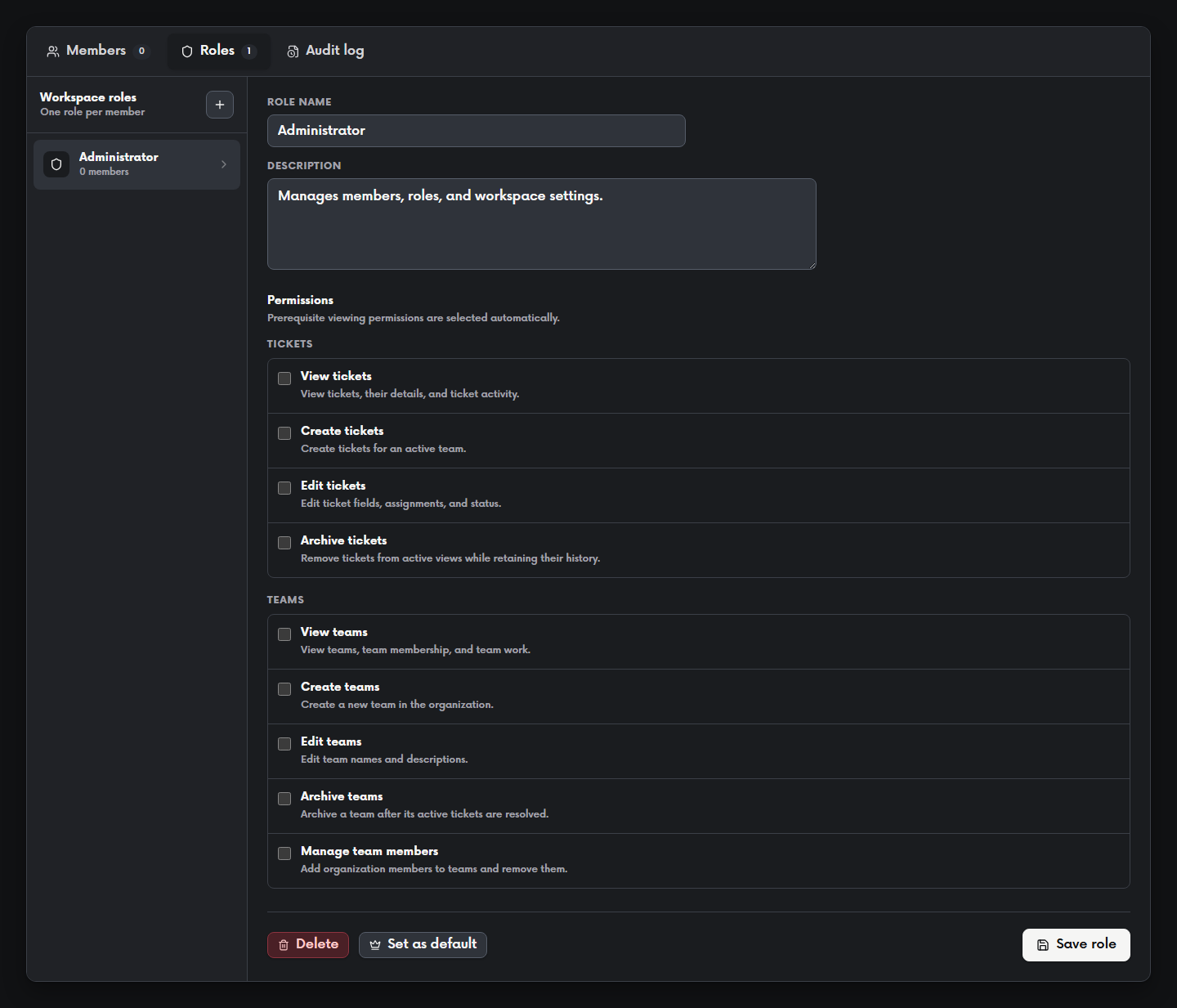 Lunar Sails administration role editor showing the Administrator role, description, ticket permissions, and team permissions