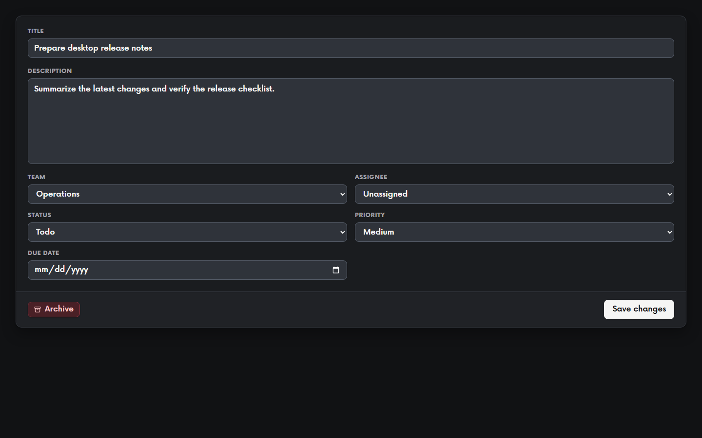 Lunar Sails ticket editor showing title, description, team, assignee, status, priority, due date, archive, and save controls