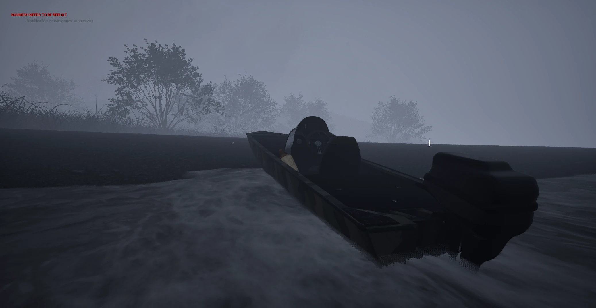 Boat prop on the water in a foggy environment