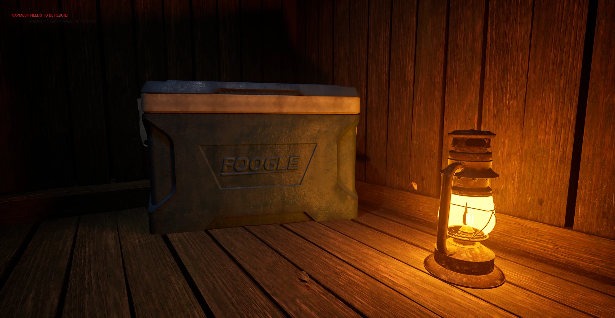 Cooler prop beside a lit lantern inside a wooden cabin