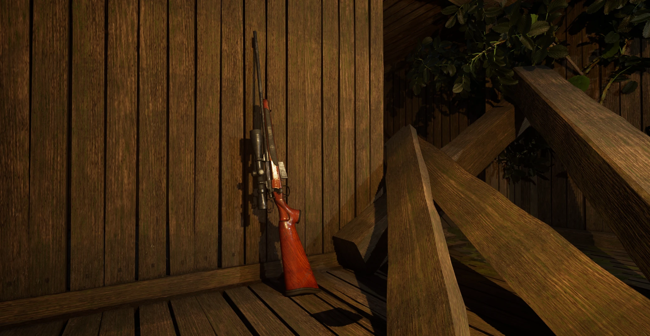 Gun prop leaning against a wooden wall