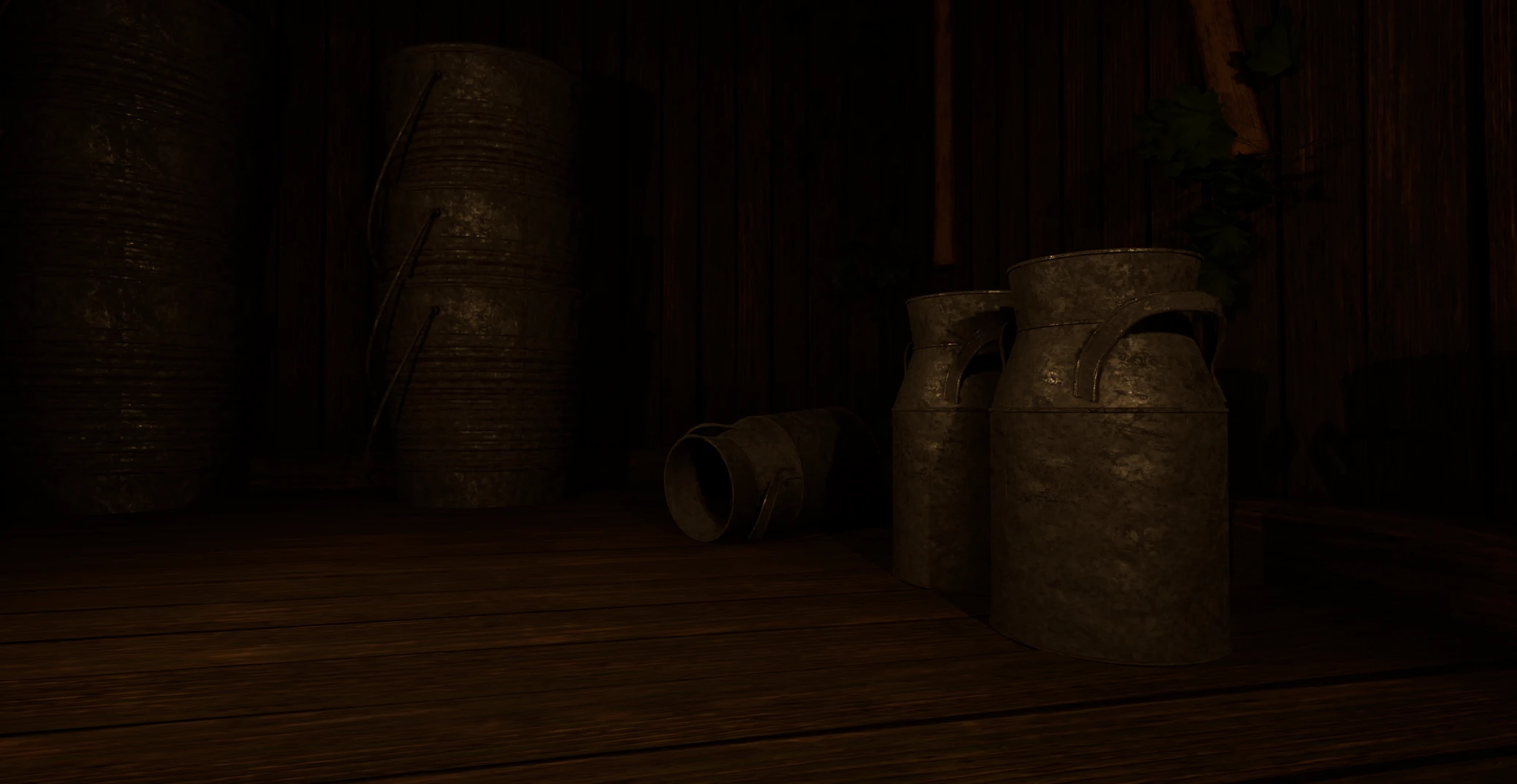 Metal vase props arranged inside a wooden room