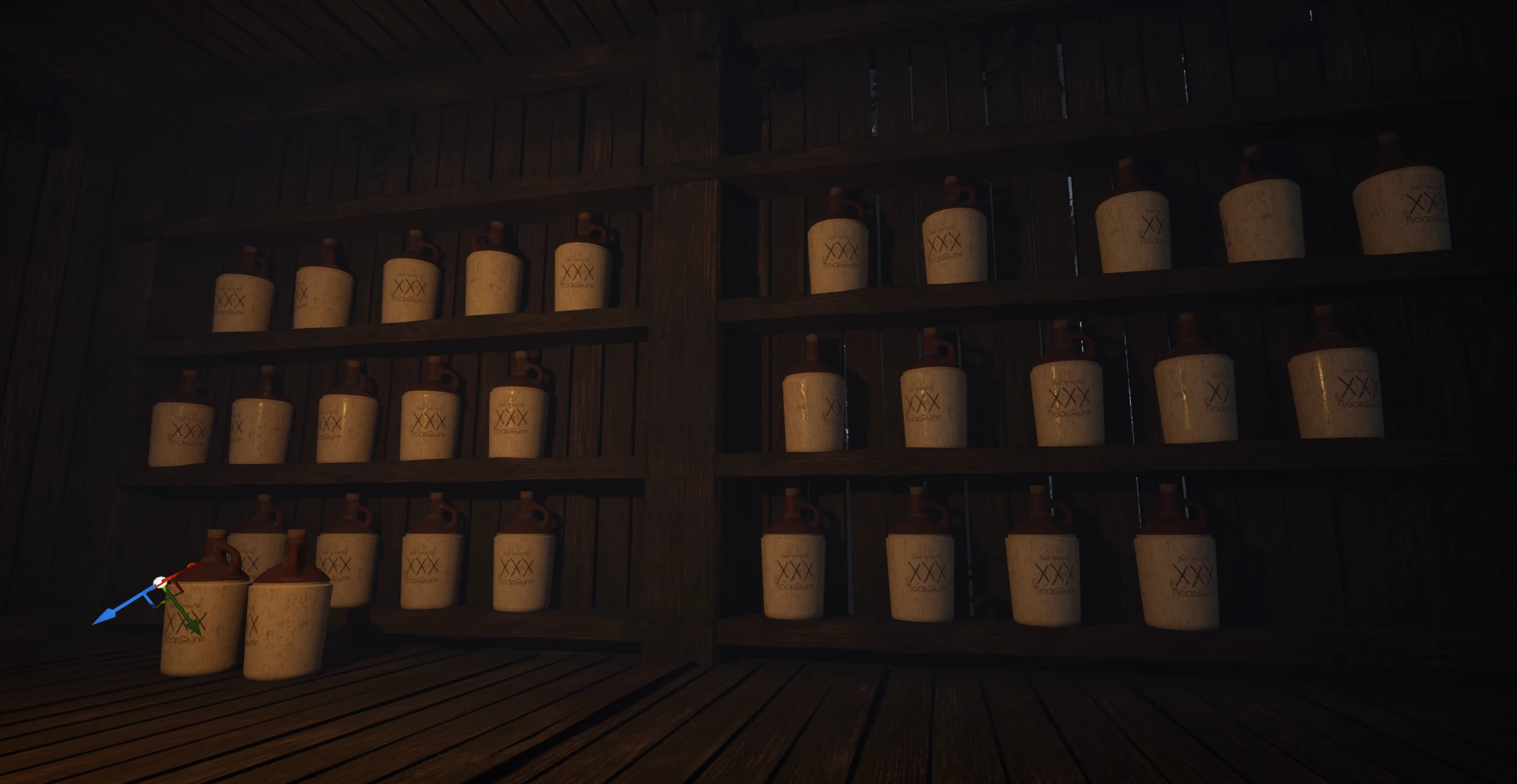 Moonshine bottle props displayed on wooden shelves