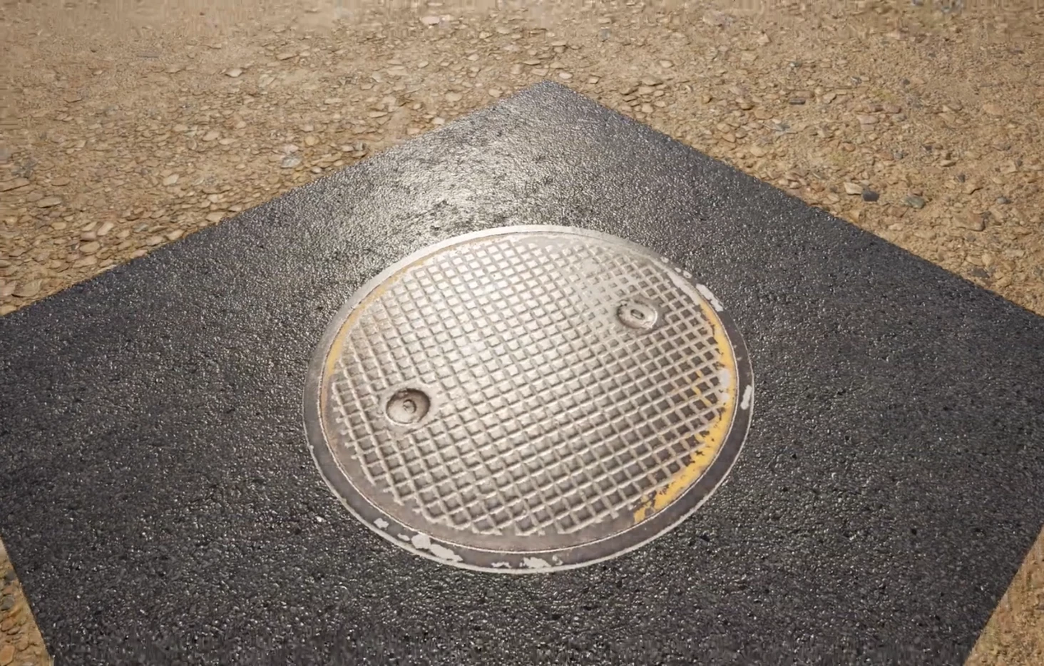 Decal material with parallax occlusion mapping applied to a manhole cover