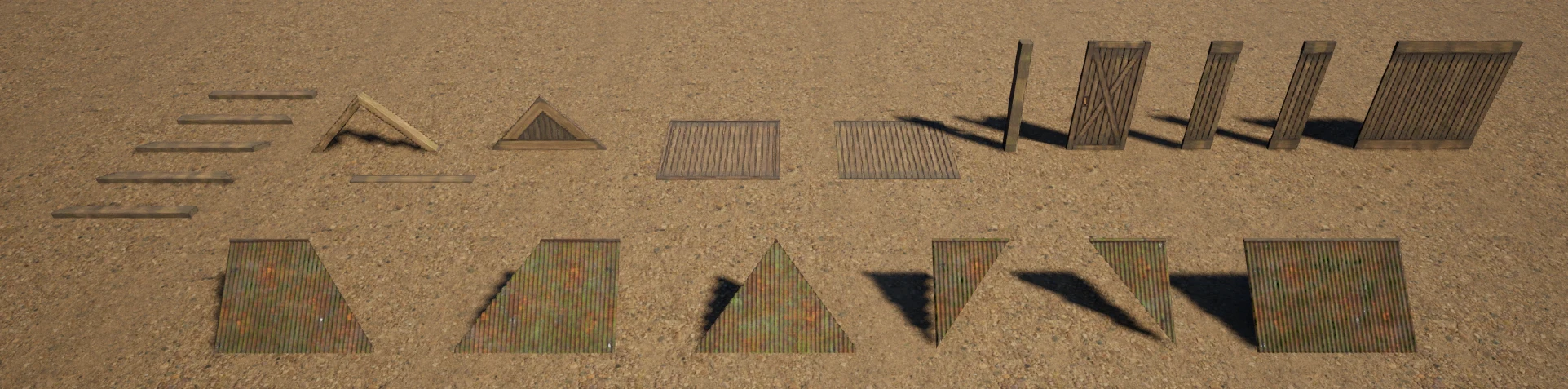 Modular cabin building pieces arranged for reference