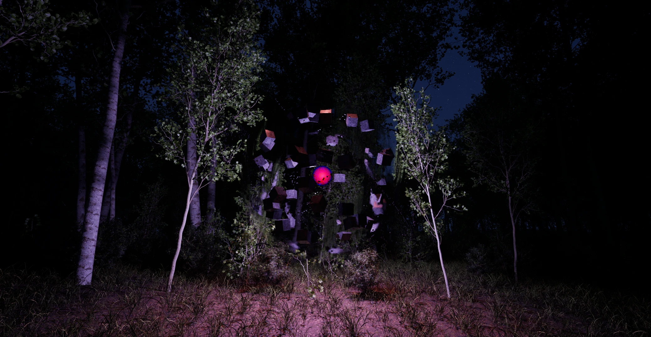 Particle entity with a glowing central eye surrounded by floating cubes in a dark forest